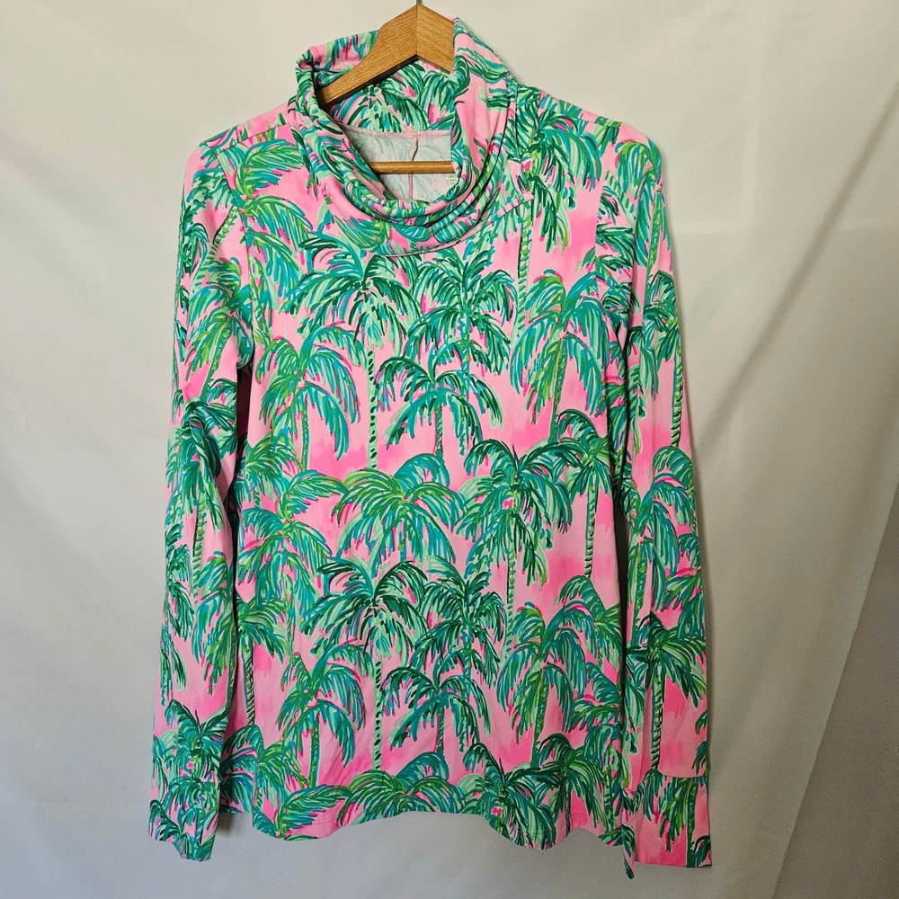 Lilly Pulitzer Lilshield Palm Tree Pink Blossom Suite UPF 50+ Cowl Neck Top sz M